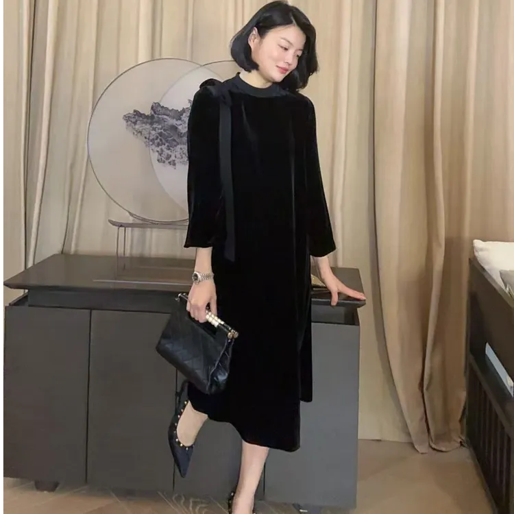 TANTAN 宽松显瘦百搭黑色气质连体韩版连衣裙2468