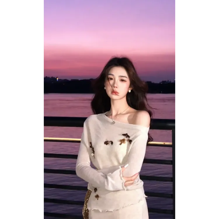 MARIE.COCO法式轻奢风两件套露肩针织衫上衣温柔高腰显瘦半身裙