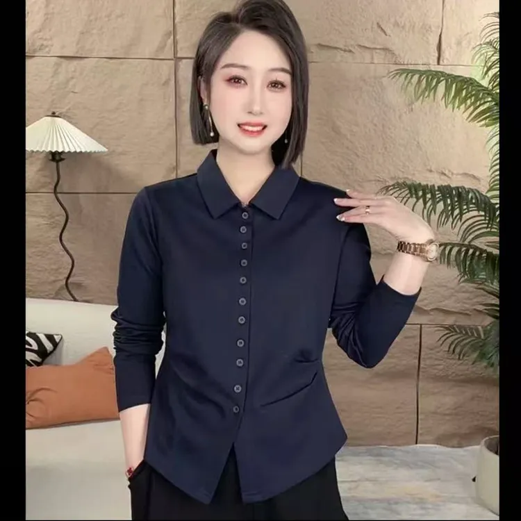 2025新开衫6扣眼秋装简约纯色收腰衬衫扣女气质百搭打底上衣衬衣
