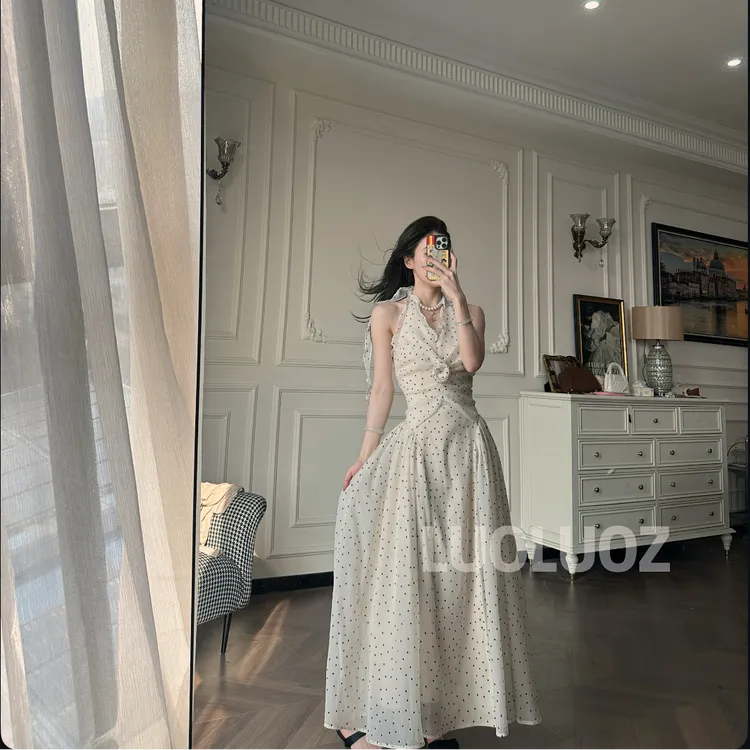 【现货】LUOLUOZ【冷艳繁花】气质波点扭结不规则设计长款连衣裙Cc062