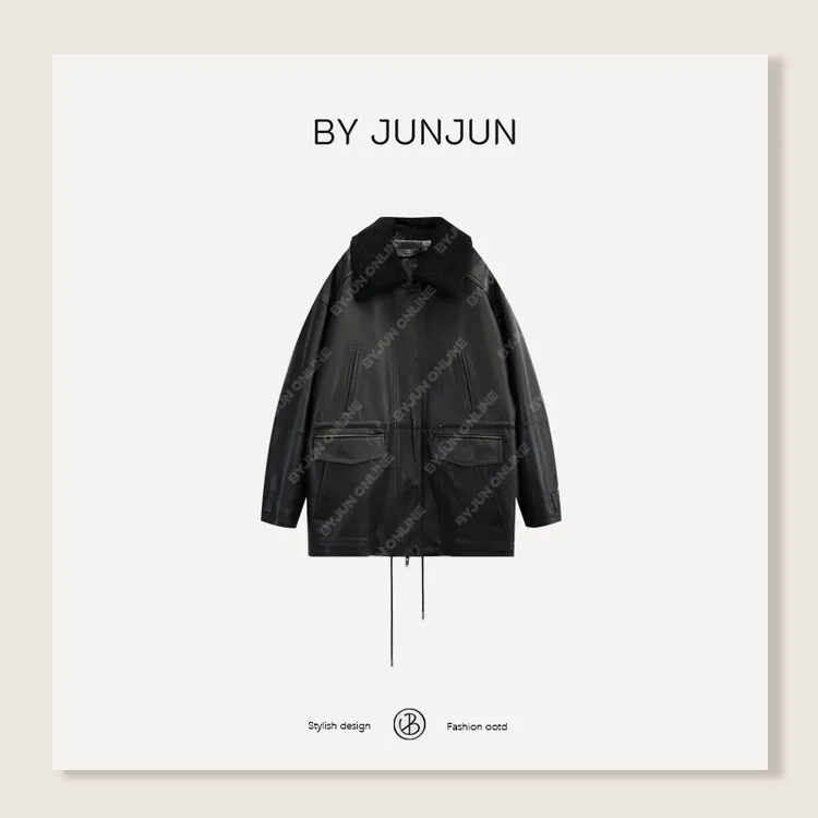 ByJunjun新款高级女装黑神话定制黑标羊毛领鹅绒羊皮皮衣