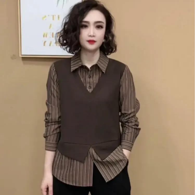 2025春季新款女士上衣假两件拼接显瘦百搭时尚洋气衬衫领长袖宽松