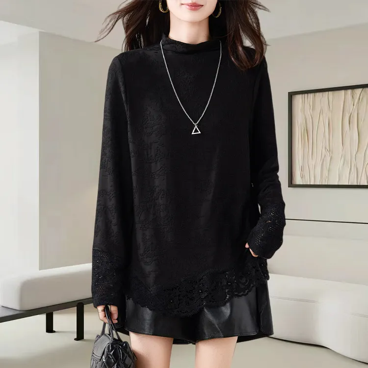 提花立领加绒加厚打底衫女秋冬洋气减龄宽松显瘦蕾丝拼接T恤上衣
