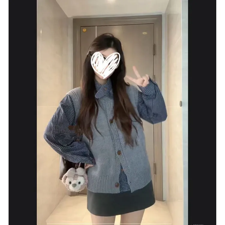 秋季新款森系格子衬衫马甲半身裙学院风减龄穿搭一整套