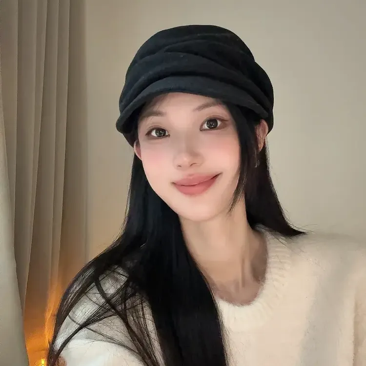贝雷帽小饭秋冬日式画家帽平顶手工褶皱极简显脸小加大帽檐八角帽