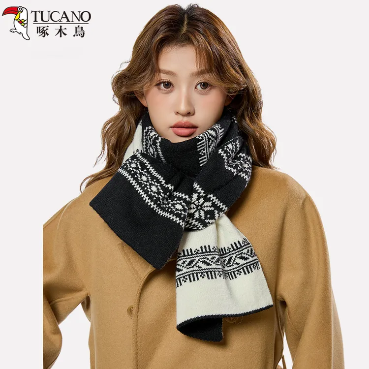 啄木鳥2025春新款黑白色雪花针织围巾女保暖双面复古文艺围脖春季