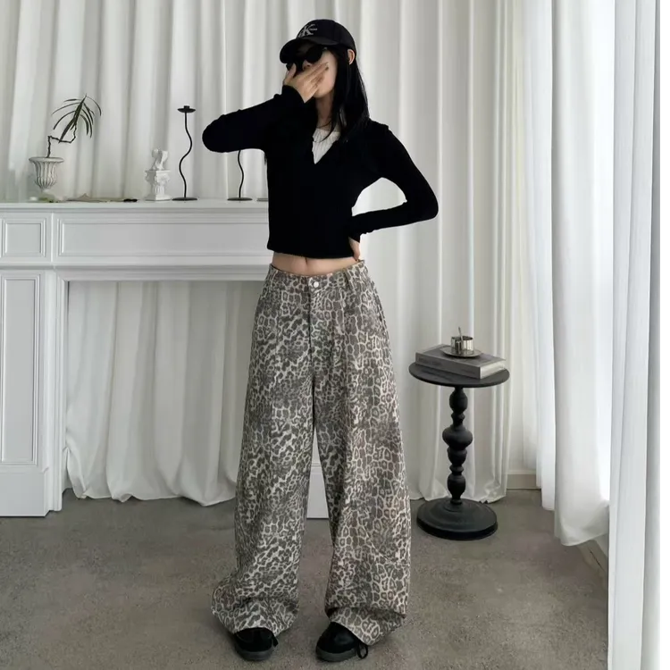 原创水洗爆款新款美式复古豹纹印花休闲长裤直筒宽松女款休闲裤子