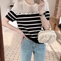 YUNAQIU-2025夏季新款气质百搭拼接条纹撞色圆领上衣-2025