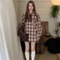 高端货~格子衬衫女秋季新款法式上衣宽松独特超好看长袖咖色衬衣