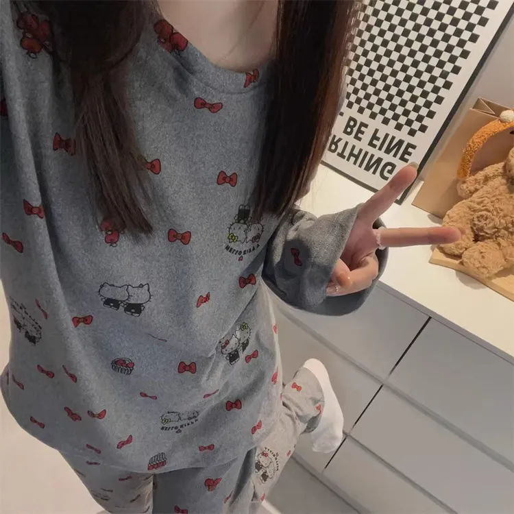 德绒套头睡衣女套装秋冬季保暖磨毛卡通圆领可爱家居服冬天印花