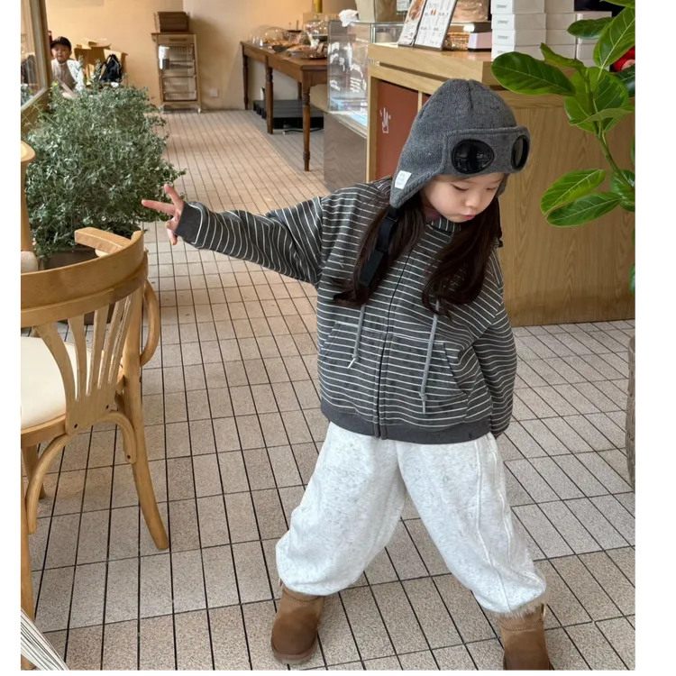 壹妈童装女童韩版连帽条纹休闲风套装时尚针织外套洋气休闲运动裤