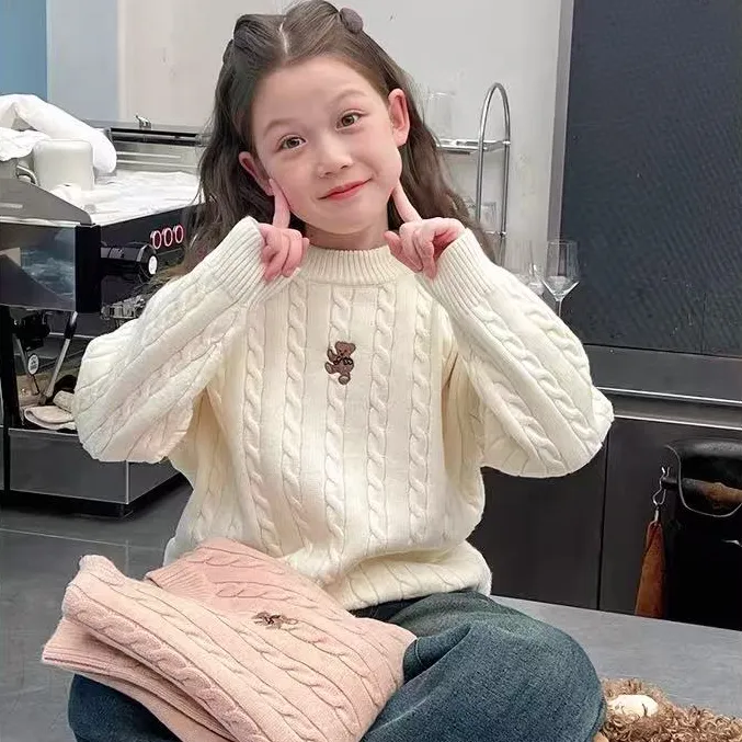 女童加厚刺绣毛衣2025冬装新款儿童绞花针织衫大童装洋气上衣女孩