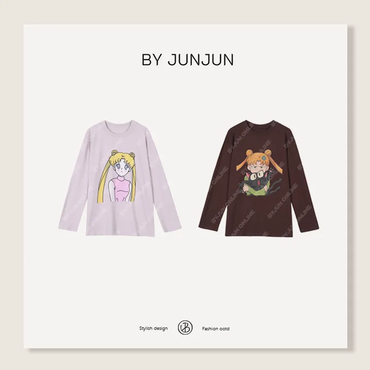 ByJunjun2025秋冬新品水冰月卡通印花长袖T恤韩版圆领打底衫