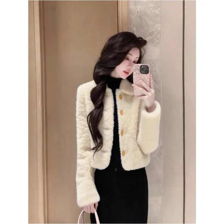杏色翻领羊羔毛厚外套女冬巨好看高端时髦洋气小香风保暖毛绒上衣