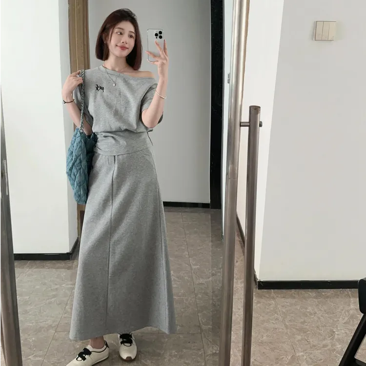 韩系高级感穿搭套装女春新款斜肩短袖上衣高腰半身裙慵懒风两件套