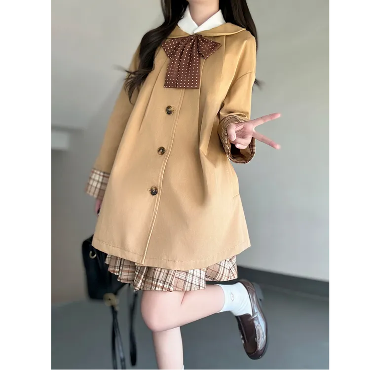 山茶 英伦风小众蝴蝶结风衣格纹半身裙两件套早秋新款百搭套装女