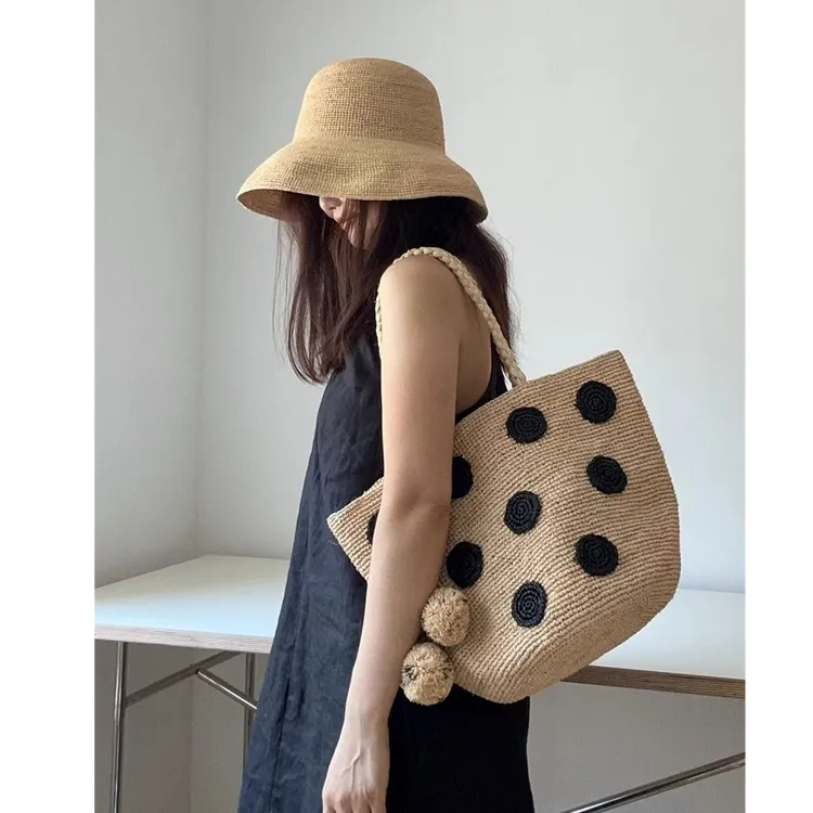 波点拉菲草草编包高级感法式女大容量度假海边编织休闲手提托特包