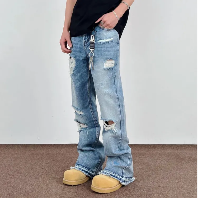 SWAG美式街头水洗破洞流苏微喇牛仔裤男高街cleanfit直筒垂感长裤