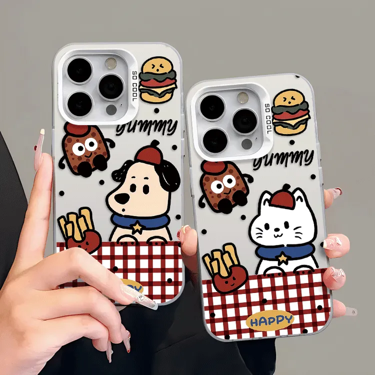 汉堡小狗情侣手机壳适用苹果15华为oppo荣耀小米14vivo红米镭射硬