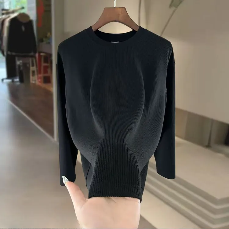 320克竖纹男士高档轻奢简约宽松休闲内搭白色长袖t恤内搭打底衫男