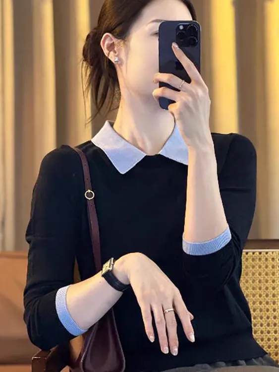 2025早秋新款撞色拼接假两件长袖针织衫女POLO领打底气质穿搭上衣