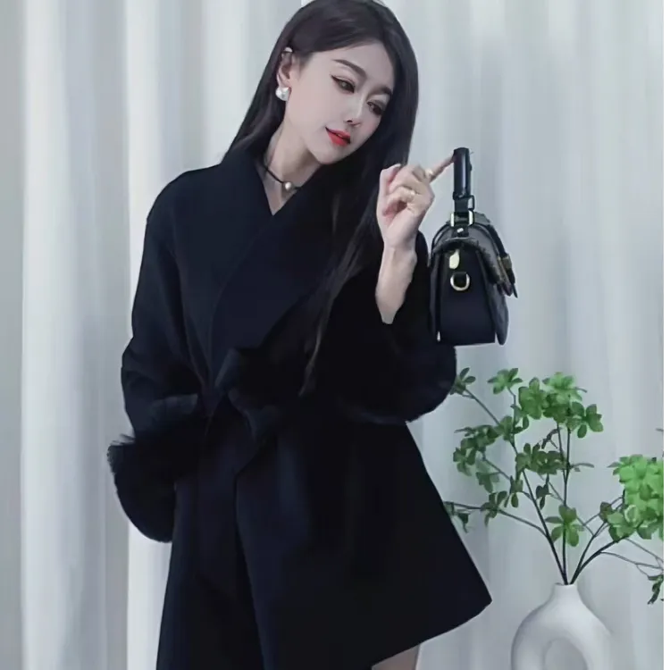 杨子升级新款羽绒秋冬宽松版百搭中长款大衣韩版气质双面呢大衣