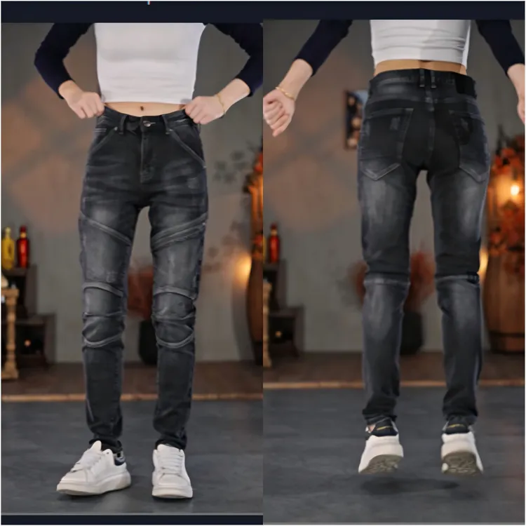 LSKB秋冬拼接立体剪裁石磨长裤牛仔裤修身户外多口袋男士直筒弹力