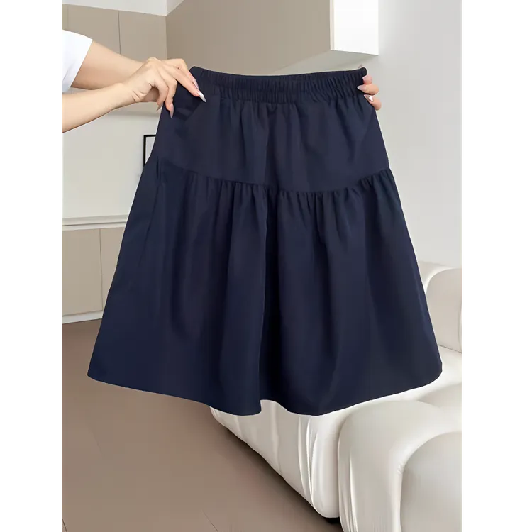 藏蓝色显瘦花苞裙a字半身裙女2025新款夏季短裙高腰半裙蓬蓬裙