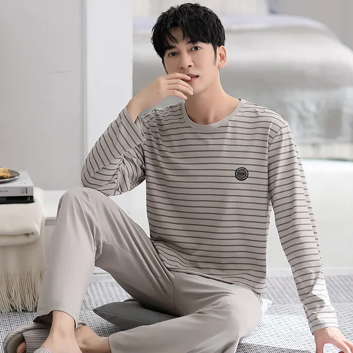 2025圆领家居服可外出长袖秋季高档睡衣可外穿条纹套装休闲加大码