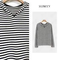 JIUNCCY【青遇】100绵羊毛60支精仿扬子纱条纹连帽针织衫 52YZZ138