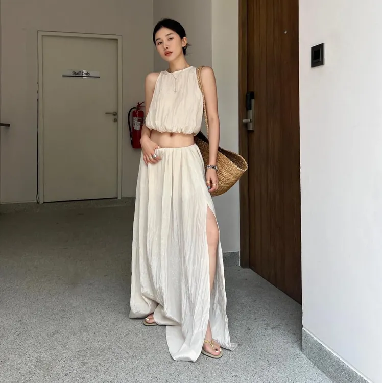 2025夏季韩版辣妹性感露背绑带无袖背心上衣开叉半身裙两件套装女