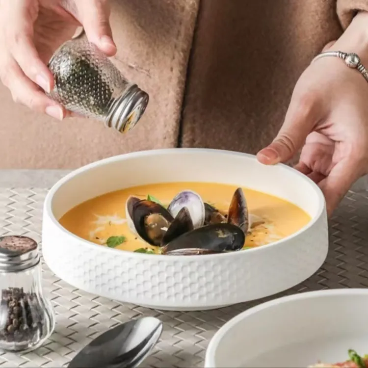 瓷县令7.5英寸锤目纹盘小蛮腰纯白创意釉下彩陶瓷餐具轻奢2只装