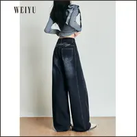 美式复古刺绣弯刀高腰阔腿宽松牛仔裤女2025休闲百搭
