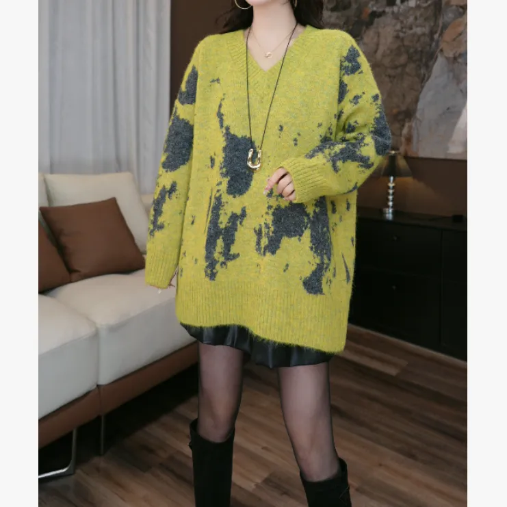【鑫-蕾】新款针织毛衣气质百搭设计水墨撞色针织毛衣29339