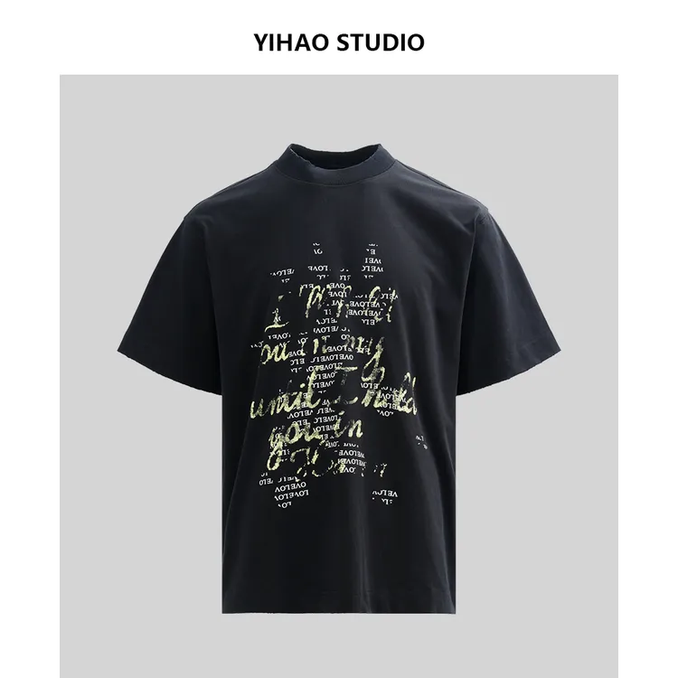 YIHAO STUDIO夏季新款男士时尚手稿英文T恤纯棉休闲宽松圆领短袖