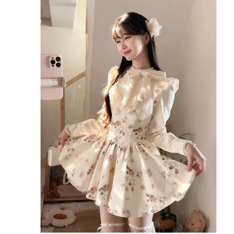 贝丽丝小姐 法式气质碎花连衣裙收腰蝴蝶结蓬蓬公主裙女