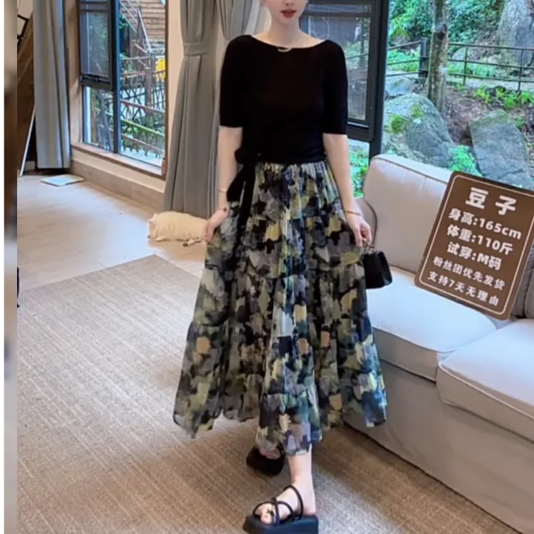 [工厂直销套装]夏季气质原创一字肩系带短袖印花半身裙4020+Q131