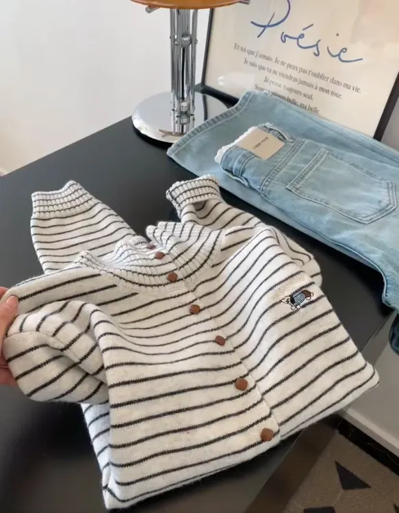 条纹高领刺绣针织开衫毛衣外套女2026新款可外穿内搭打底韩系上衣