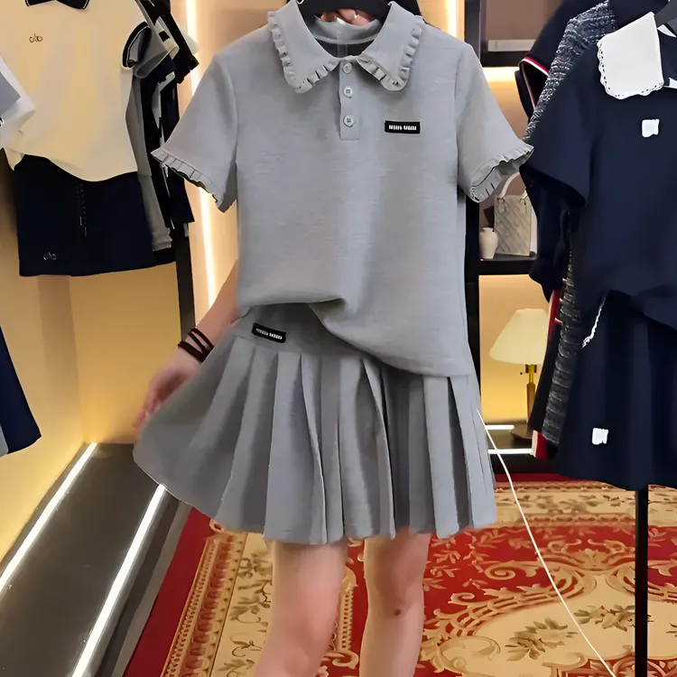 夏季新款爆款显瘦POLO领短袖百褶裙两件套连衣裙裤