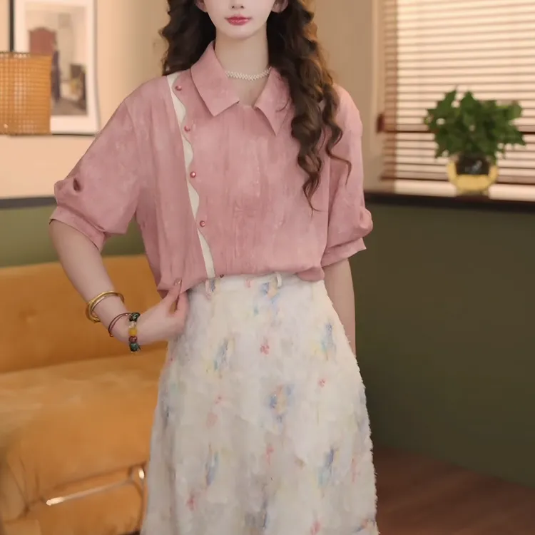 【乐章】2025夏季新款拼色T桖提花粉色短袖女宽松休闲上衣LK2503936