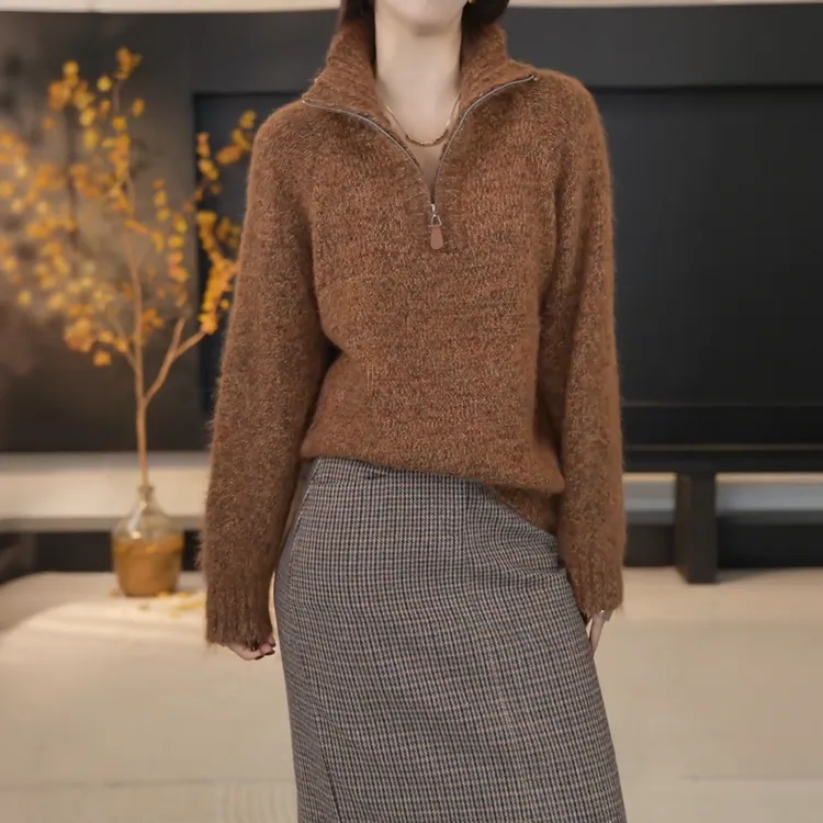 韩系慵懒风半拉链立领针织衫女2025秋冬新款宽松软糯百搭套头毛衣