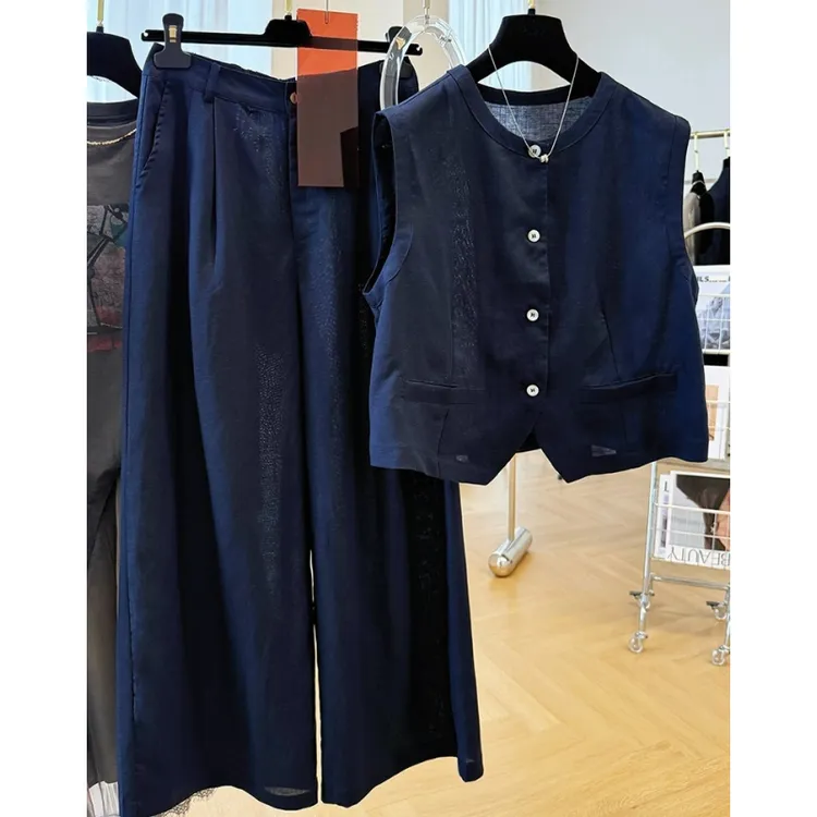 高级感设计亚麻马甲阔腿裤两件套时尚套装女夏气质一整套ootd穿搭