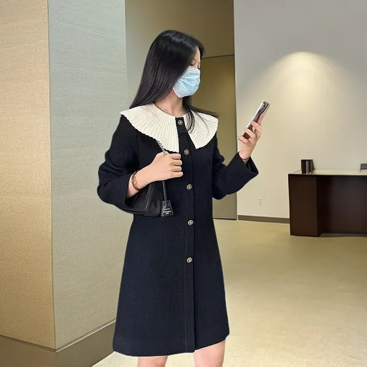 春款宽松小香风显瘦针织时尚百搭中长款翻领气质女装小香风娃娃领