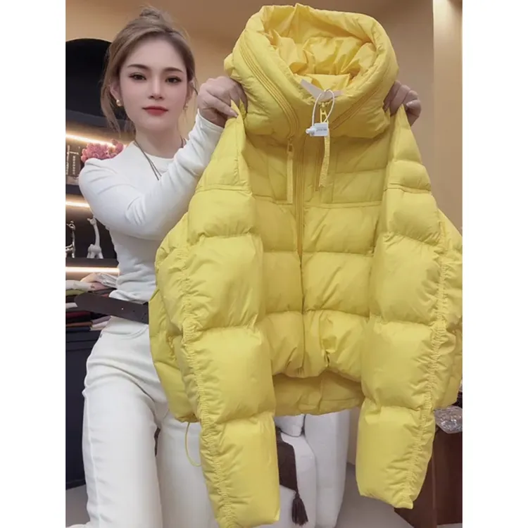 韩版双拉链连帽黄色棉服秋冬新款时尚小个子宽松百搭加厚外套女