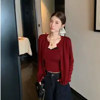 韩系波点木耳花边针织开衫蕾丝拼接背心休闲纯色秋季长袖保暖