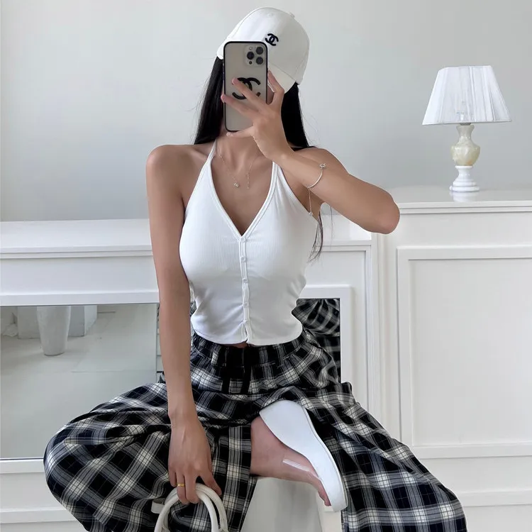 Y3350设计感辣妹挂脖吊带背心女夏季新款带胸垫纽扣收腰上衣