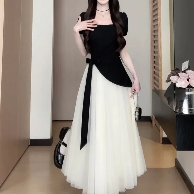 现货~大码微胖 新款夏季撞色褶皱收腰设计感气质连衣裙