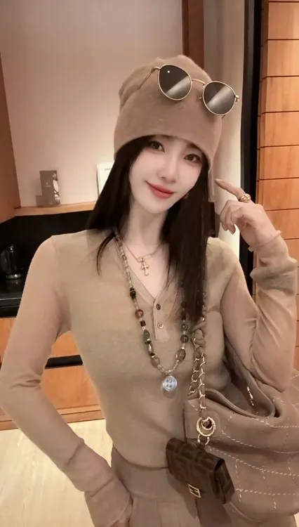 欧货2025秋冬新款简约时髦高级感老钱风长袖V领纽扣百搭针织上衣