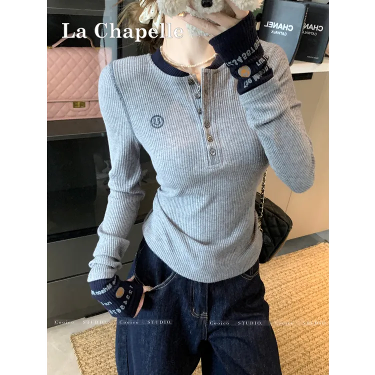 拉夏贝尔撞色长袖T恤女2025春季新款内搭打底修身短百搭圆领上衣