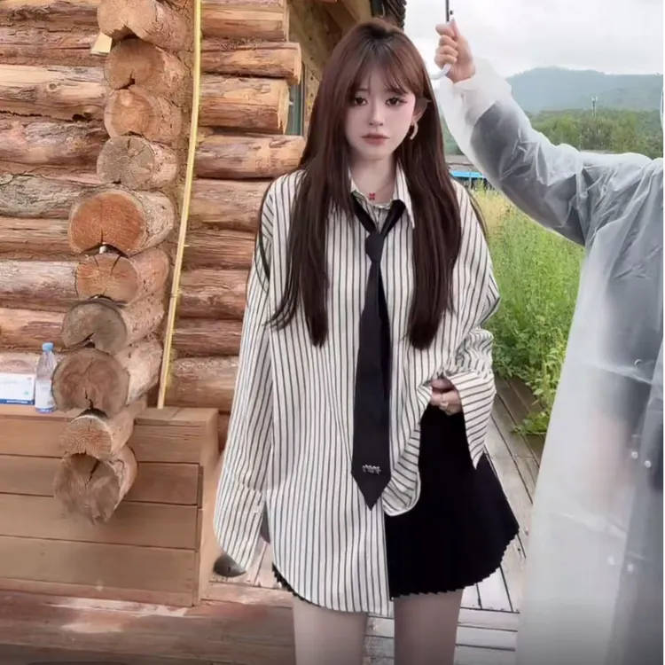 新款长袖秋季条纹哑光棉府绸小众衬衣气质衬衫撞色女士时尚经典